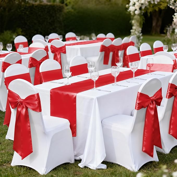 10 Pack Satin Table Runners Red 12x108 Inch Long,Satin Silk Smooth Fabric Table Runner for Wedding,Birthday Party and Banquet Decoration,Chair Sashes,Red