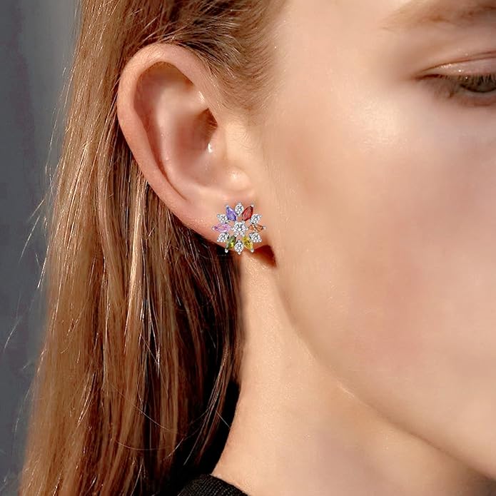 VONSSY Colorful Snowflake Pendant Necklace Earrings Rose Gold 5A Cubic Zirconia | Crystal Sweater Chain | Multi Gemstone Garnet Amethyst Morganite Peridot Prom Rhinestone Necklaces for Women Vintage Stylish Gift