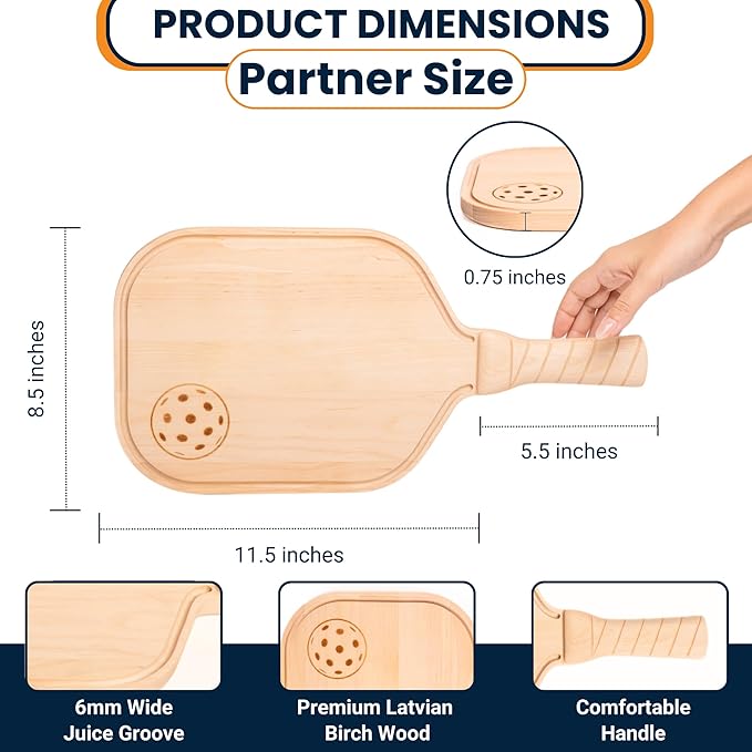 Pickleball Charcuterie & Cutting Board, Pickleball Gift, Partner Size - 17 x 8.5 x 0.75”, Birch Wood, Paddle Shape with Handle, Mineral Oil Finish