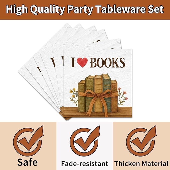 96 Pcs Vintage Book Theme Decoration Disposable Tableware Set - Book Club Birthday Party Paper Plates Napkins Forks Library Reading Birthday Baby Shower Party Supplies for Serve 24 Guests