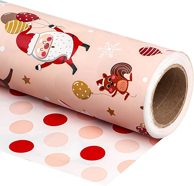 WRAPAHOLIC 30 Inch Jumbo Reversible Christmas Wrapping Paper - 30 Inch x 100 Feet Jumbo Roll Red and Pink Dancing Santa Claus Reindeer and Colorful Polka Dots Design for Christmas, Holiday, Party