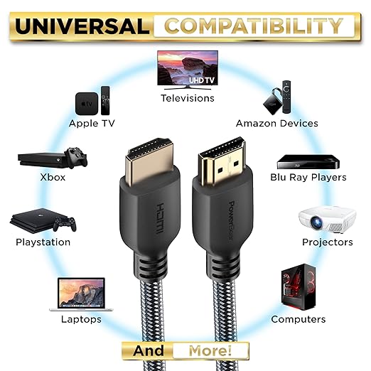 PowerBear 4K HDMI Cable 0.5 ft | High Speed, Braided Nylon & Gold Connectors, 4K @ 60Hz, Ultra HD, 2K, 1080P, ARC & CL3 Rated | for Laptop, Monitor, PS5, PS4, Xbox One, Fire TV, Apple TV & More