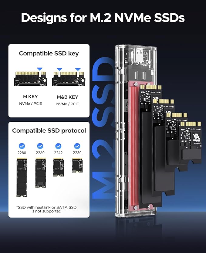 ORICO M.2 NVMe SSD Enclosure, USB 3.2 Gen 2 (10 Gbps), Transparent External Solid State Drive Adapter Enclosure for 2280 2260 2242 2230 PCI-E M2 M-Key SSD, USB Type C Converter Case-TCM2 Red