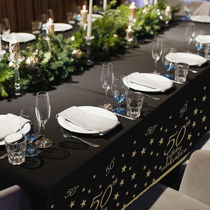 Gatherfun 50th Birthday Disposable Tablecloth 4 Pack Gold and Black Waterproof Plastic Table Cover for Men Woman 50 Birthday Party Decorations
