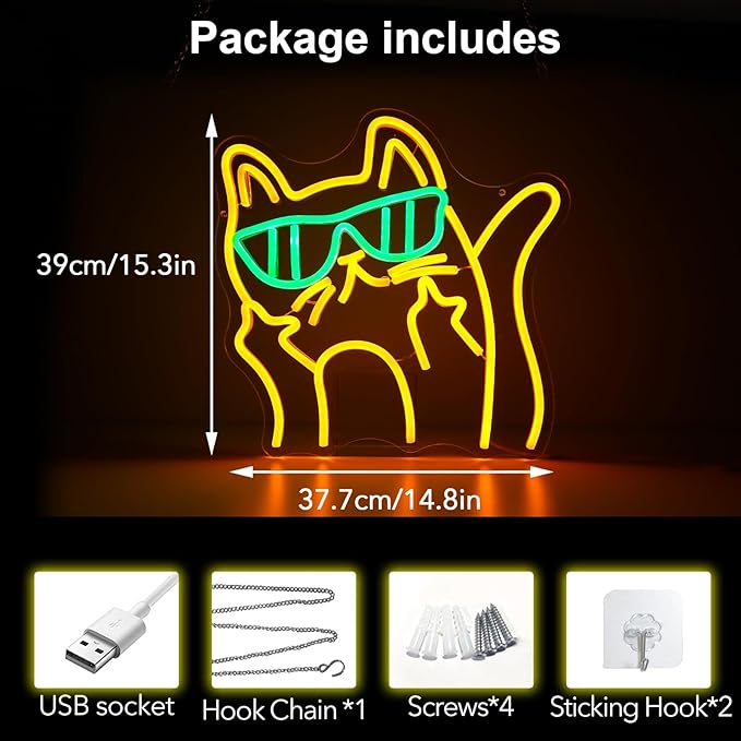 Cat Sunglasses Neon Sign - Cartoon Cat LED Wall Light/USB Powered, Hanging Kit Included/Edgy Decor for Teen Bedrooms, Urban Cafes & Fashion Stores