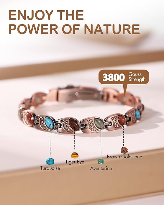 Feraco Pure Copper Bracelets for Women, Ultra Strength Magnetic Bracelet with 3800 Gauss Magnets & Natural Turquoise & Stones, Adjustable, Jewelry Gift