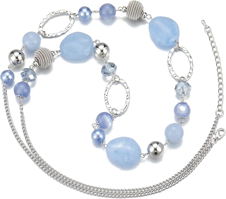 BULINLIN Beaded Long Necklace for Women Silver Sweater Chain Necklace with Crystal Resin Beads, Fashion Jewelry Necklace