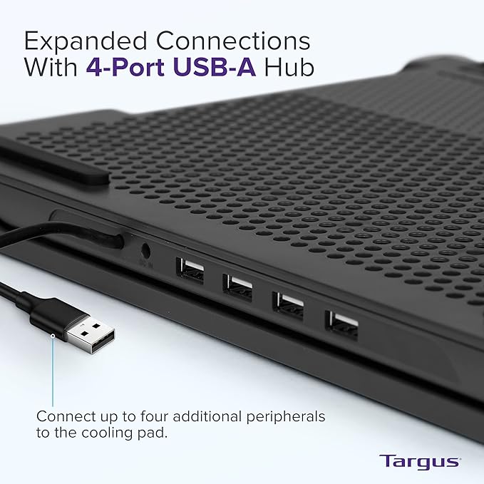 Targus Laptop Cooling Pad for Laptops up to 17-inches, Dual High-Speed Fans Chill Mat + 4-Port USB Hub Laptop Fan Cooling Pad for Work, USB Stand Cooling Pad for Gaming Laptop Cooling Fan (AWE81US)