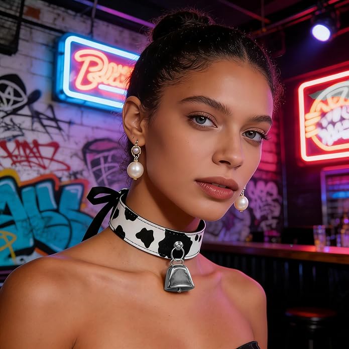 Bell Collar Necklace for Women, Cow Print PU Leather Choker with Flat Ribbon Tie, Anime Cow Cosplay Jewelry Gifts