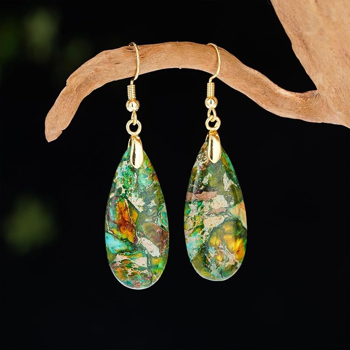 Boho Women Natural Stone Earrings Unique Healing Imperial Jasper Gemstone Energy Hypoallergenic Lightweight Dangle Drop Earrings Multiple Styles Earrings Jewelry for Birthday Party Gift
