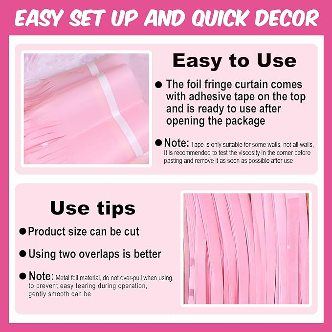 3 Pack Macaron Pink Foil Fringe Curtains Backdrop, 3.28 x 8.2 Ft Metallic Streamers Tinsel Curtains Background for Photo Booth, Birthday, Halloween, Christmas, New Year Party Decorations