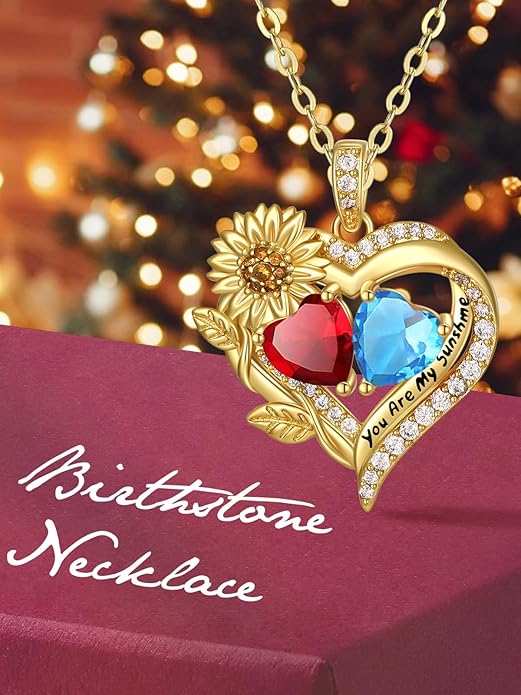 Sunflower Heart Necklace for Women 14K Gold Exquisite Valentines Day Anniversary Birthday Gifts for Wife Mother Her Double Birthstone Pendant Jewelry‘You Are My Sunshine’
