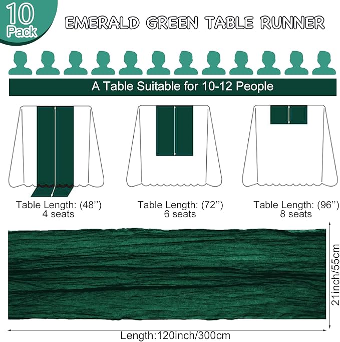 10 Pack Emerald Green Table Runner 120 Inch Cheesecloth Table Runner 10FT Boho Gauze Table Runner Long Cheese Cloth Table Runner Semi Sheer Runners for Wedding Bridal Baby Shower Party