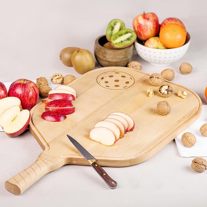 Pickleball Charcuterie & Cutting Board, Pickleball Gift, Party Size - 22.5 x 5.5 x 0.75”, Birch Wood, Paddle Shape with Handle, Mineral Oil Finish