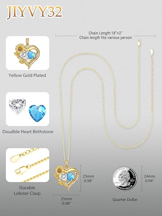 Sunflower Heart Necklace for Women 14K Gold Exquisite Valentines Day Anniversary Birthday Gifts for Wife Mother Her Double Birthstone Pendant Jewelry‘You Are My Sunshine’