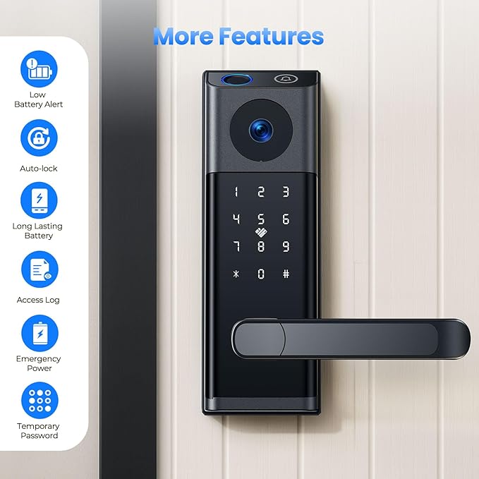 CAMCAMP WiFi Video Smart Lock with Camera & Doorbell, Keyless Entry Door Lock with Handle for Front Door, Five Ways to Unlock Fingerprint, App, Key, Fob, Keypad, Auto Lock, Easy to Install