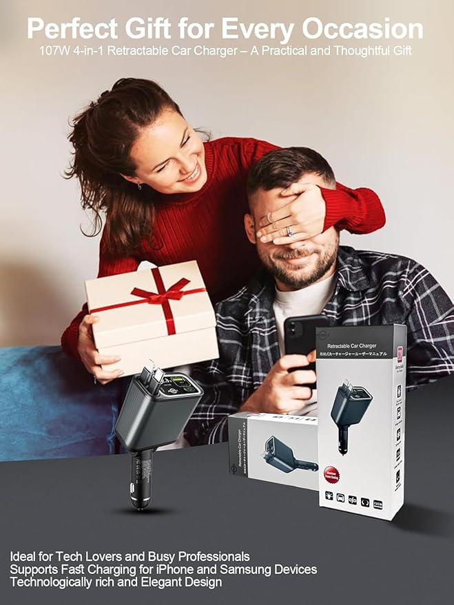 Retractable Car Charger USB C,107W Type C Car Charger Fast Charging with Dual Retractable Cable and USB Ports, Compatible with iPhone 16/15/14/13,S25/24/23/22, Pixel 9/8/7