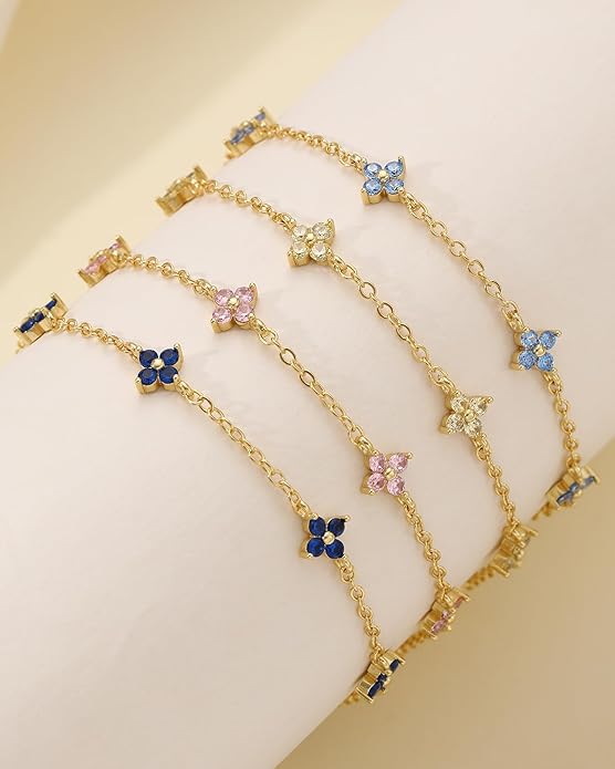 JSJOY Birthstone Bracelets for Women, 14K Gold Bracelets for Women Mom Gifts Birthday Valentines Day Gifts for Gf Dainty Flower Gift for Her Birthstone Bracelet Mothers Day Gift