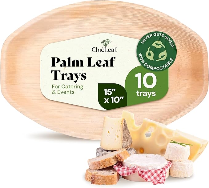 Chic Leaf All Natural Compostable & Disposable Rectangular 15" x 10" Palm Leaf Tray for 4th of July - Party Charcuterie Board, Thanksgiving, Catering & Wedding Appetizers - Party Plates (10 pc)