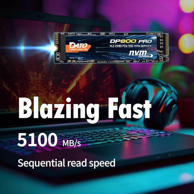 DATO M.2 2280 SSD 1TB, PCIe Gen4 x4 NVMe SSD Internal Solid State Drive for Gaming and Creators, Compatible with Desktop and Laptop, Up to 5100/4600 MB/s - DP800 Pro