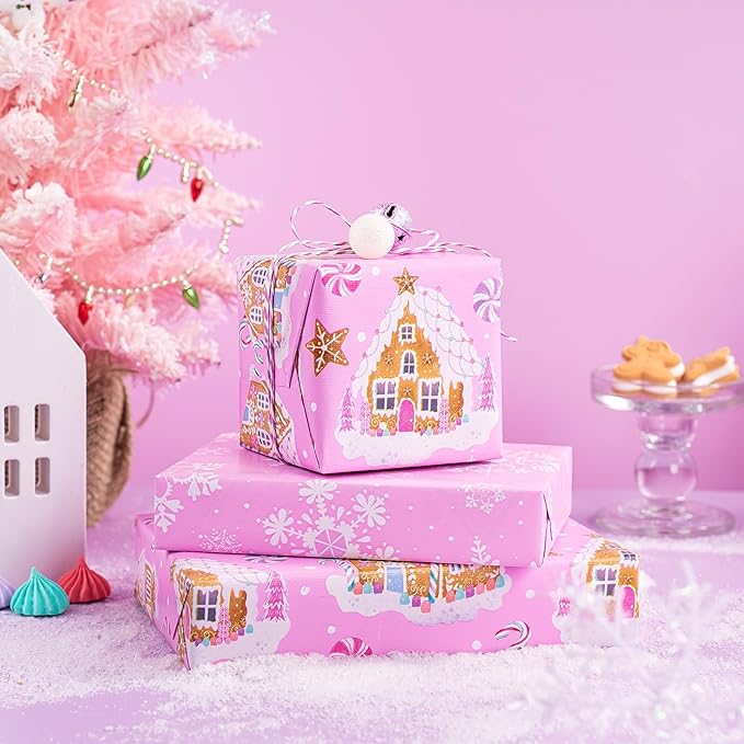WRAPAHOLIC 30 Inch Jumbo Reversible Gingerbread Christmas Wrapping Paper - 30 Inch x 100 Feet Jumbo Roll Pink Gingerbread House and Snowflake with Embossed for Christmas, Holiday, Party Celebration