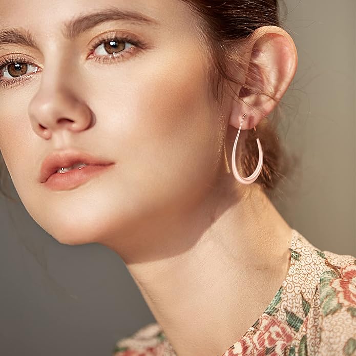 Lightweight Teardrop Hoop Earrings for Women - 14k Gold/White Gold Plated Large Oval Pull Through Hoop Earrings High Polished Statement Jewelry Gift for Women