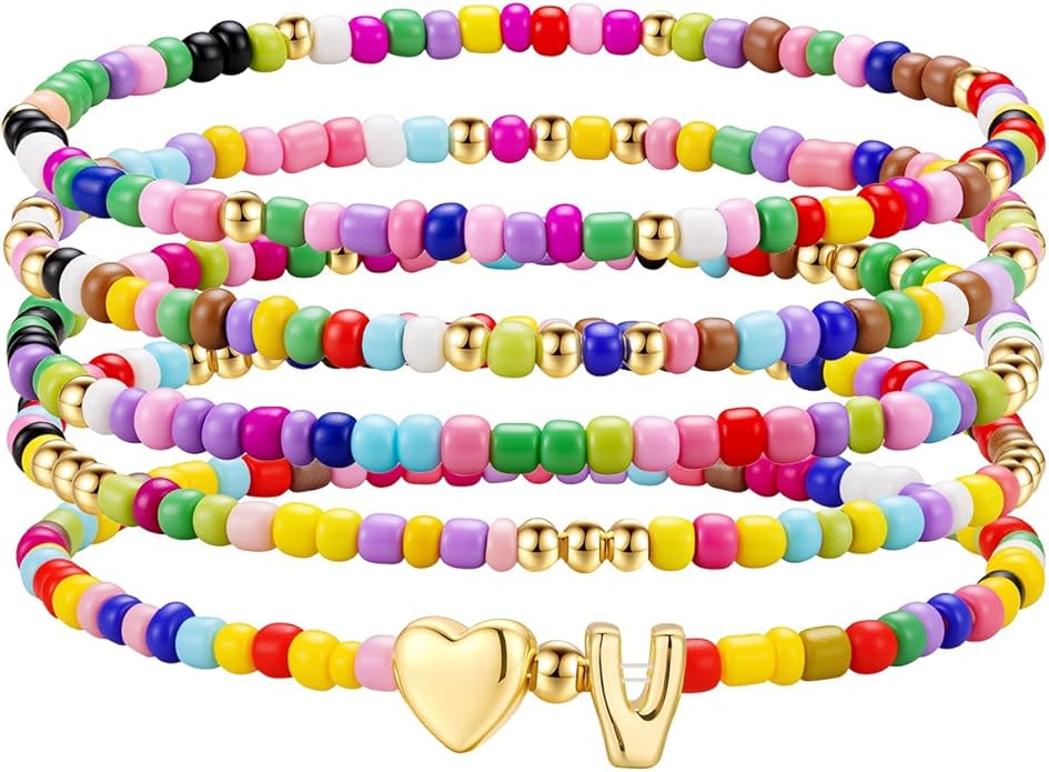 M MOOHAM Valentines Gifts for Kids - 5PCS Colorful Beaded Initial Bracelets for Girls Women Cute Stretch Heart Letter Bracelet Initial Stackable Bracelet Birthday Gift Jewelry for Kids Teen Girl