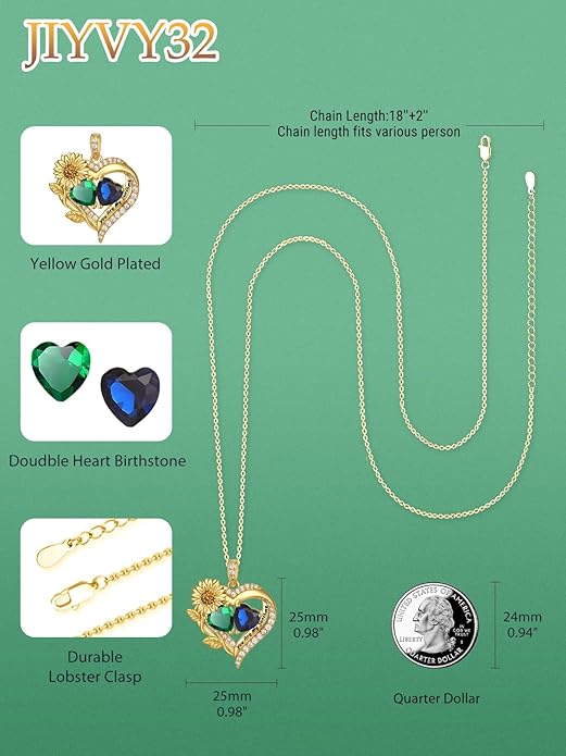 Sunflower Heart Necklace for Women 14K Gold Exquisite Valentines Day Anniversary Birthday Gifts for Wife Mother Her Double Birthstone Pendant Jewelry‘You Are My Sunshine’