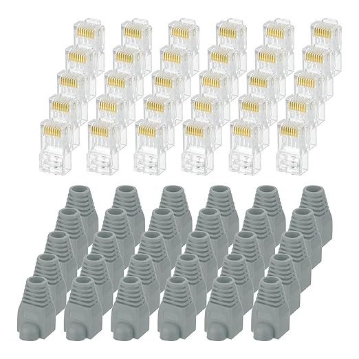 MECCANIXITY 100pcs Cat6 RJ45 Pass Through Connectors, RJ45 Connector 8P8C Gold Plated Plugs with 100pcs Dark Grey Strain Relief Boots for Solid or Stranded UTP Ethernet Cable, 1.1mm