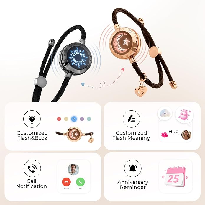 TOTWOO Long Distance Touch Bracelets for Couples, Smart Light & Vibration Love Jewelry, Long Distance Valentines Day Gifts for Him Her Women Men, One-to-One Bluetooth Pairing via App