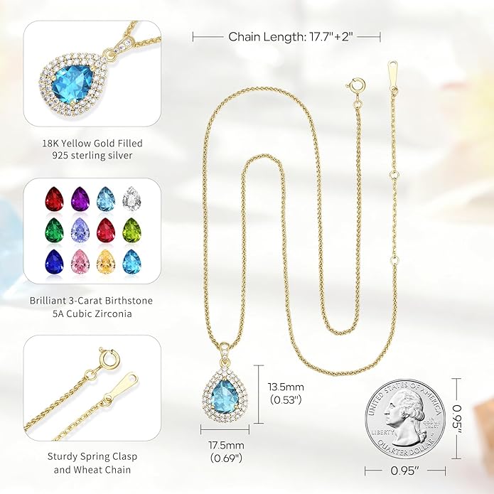 Valentine's Day Gift for Wife/Her-18K Gold Plated Teardrop Birthstone Necklace- with Light-Up Gift Box,Jewelry for Women,Anniversary Birthday Gifts for Women Her Wife Girlfriend Mom,Womens Jewelry