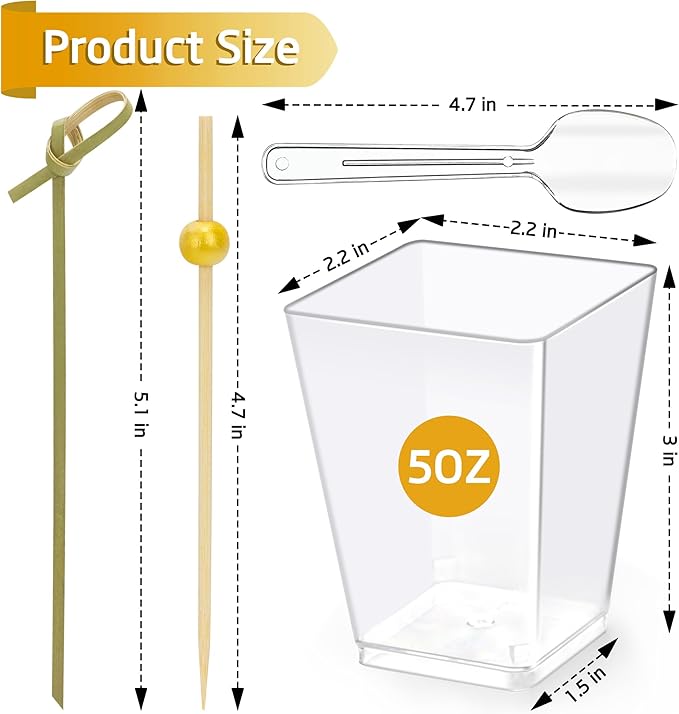 50 Pcs 5 oz Plastic Appetizer Charcuterie Cups with 200 sticks, Clear Dessert Cups with 50 Spoons, Disposable Fruit Parfait Salad Cup for Party