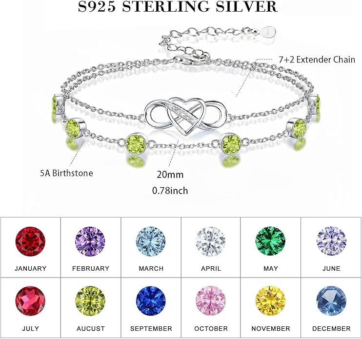 Prismata Infinity Birthstone Charm Link Bracelet 925 Sterling Silver Adjustable 12 Months Birthstone Infinity Bracelet Birthday Jewelry Gifts for Women Mom Her,with 7"+2" chain