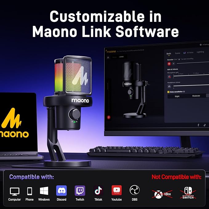 MAONO Wireless Microphone for PC,Gaming Streaming Condenser Mic with Software AI Voice Change,3-Level Noise Cancellation,Custom EQ,Gain Control USB Mic for Podcast Recording (DM40-Black)