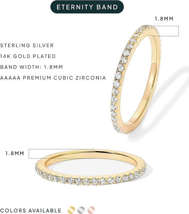PAVOI 14K Gold Plated Solid 925 Sterling Silver CZ Simulated Diamond Stackable Ring Eternity Bands for Women