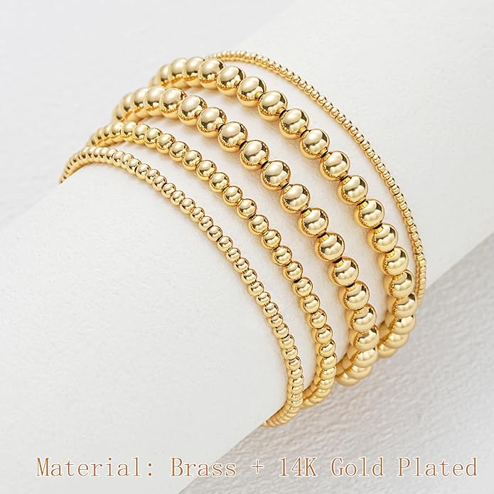 Valentines Day Gifts for Her Teen Wife Gold Beaded Bracelets for Women, 5 Pcs Dainty 14K Gold Plated Chunky Stretch Bead Ball Bracelet Stack
