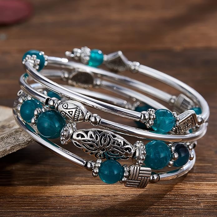 BULINLIN Layered Wrap Bangle Turquoise Bracelet - Bead Bracelet with Natural Agate Stone, Gifts For Women