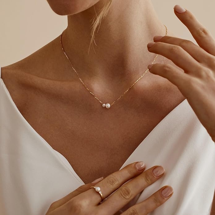 Pearl Necklaces for Women Trendy, 14k Gold Plated Dainty Necklace Simple Pearl Drop Single Charm Pendant Necklace Birthday Wedding Gifts Gold Jewelry for Women