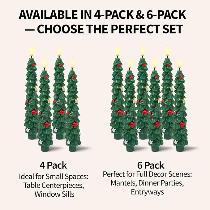 Flameless LED Christmas Tree Candles, 6 Pack – Battery Powered Holiday Lights with Warm Flickering Glow, Safe No-Flame Decor for Mantels, Dinner Parties, Family Gatherings & Gifting