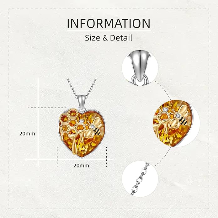 SNOWELLE Bee Necklace 925 Sterling Silver Heart Honey Bee Pendant Honeycomb Necklace Cute Animal Jewelry Gifts for Women