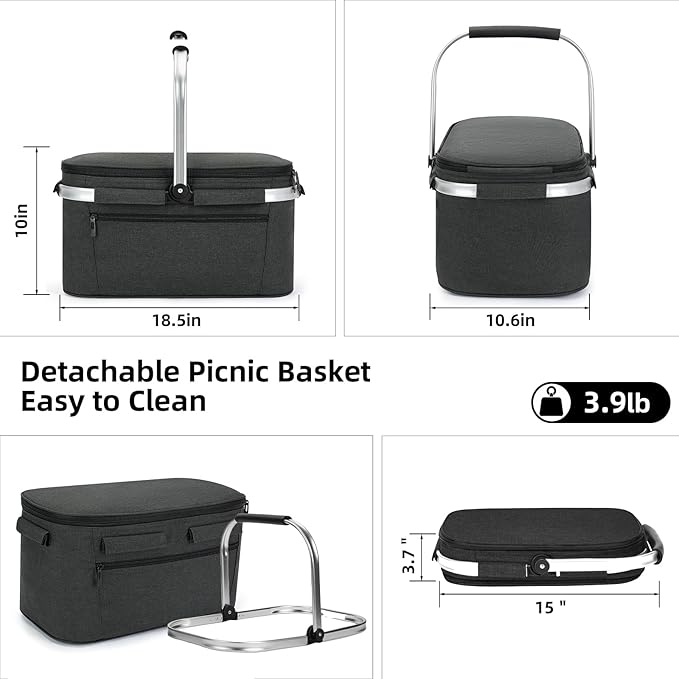 ALLCAMP Picnic Basket - 32L Insulated Cooler, Thickening Foldable Picnic Basket with Removable Baskets & Sewn-in Frame, Basket for House Warming Gifts New Home(Jet Black)