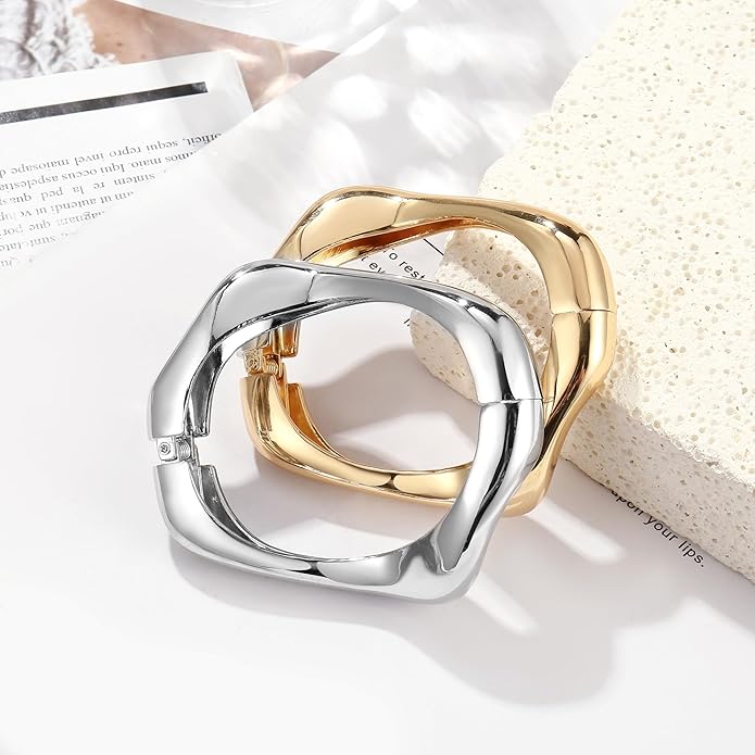 2Pcs Bangle Bracelets for Women Gold Arm Cuff 14k Gold Plated Chunky Gold Bangle Set Hinged Cuff Bracelets Trendy Arm Cuff Jewelry for Women