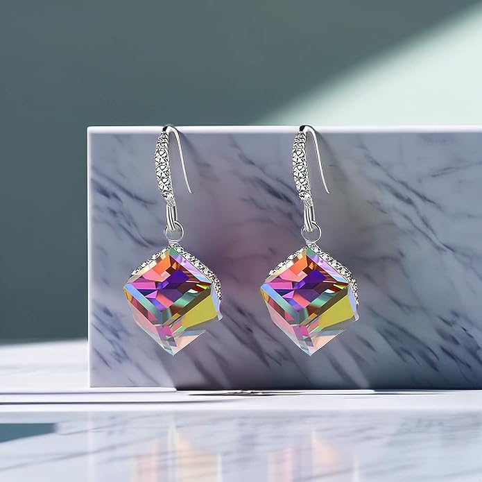 Austrian Crystal Cube Drop Dangle Earrings for Women 14K Gold Plated Hypoallergenic Jewelry