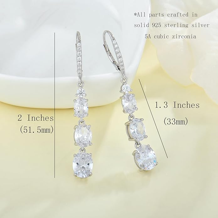 Women 925 Sterling Silver Birthstone 3-stone Leverback Drop Dangle Earrings 5A Cubic Zirconia Jewelry for Her