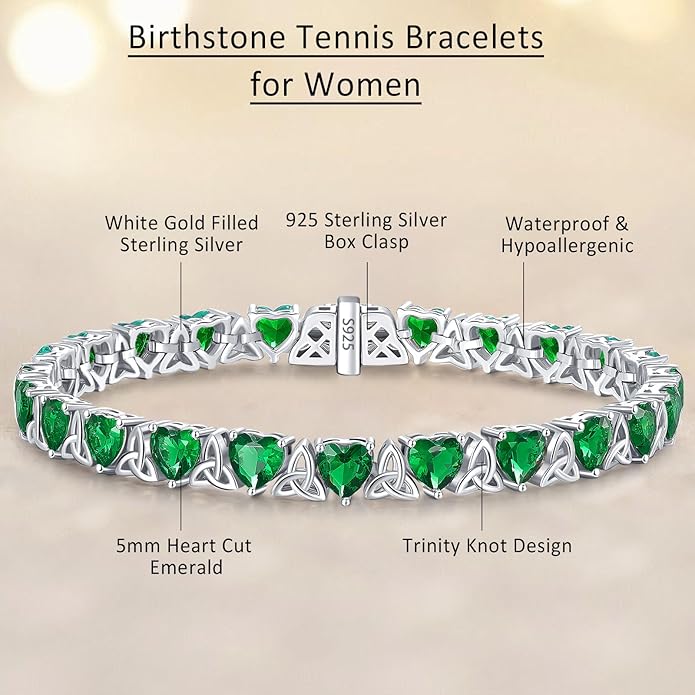 Birthstone Tennis Bracelets for Women, 925 Sterling Silver Heart Shaped Celtic Trinity Knot, 7 Inch Charm Trendy Hypoallergenic Anniversary Birthday Gifts for Her