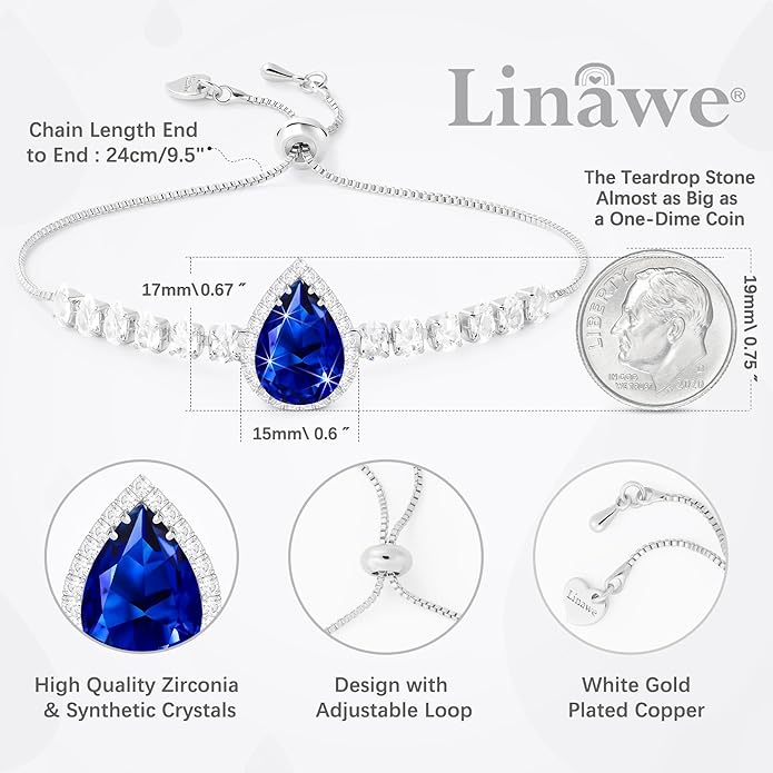 Linawe Crystal Imitation Diamond Rhinestone Charm Bracelets for Women, Gold/Silver/Rose Gold Adjustable Chain Bracelet, Teardrop Birthstone Cubic Zirconia Prom Costume Wedding Jewelry