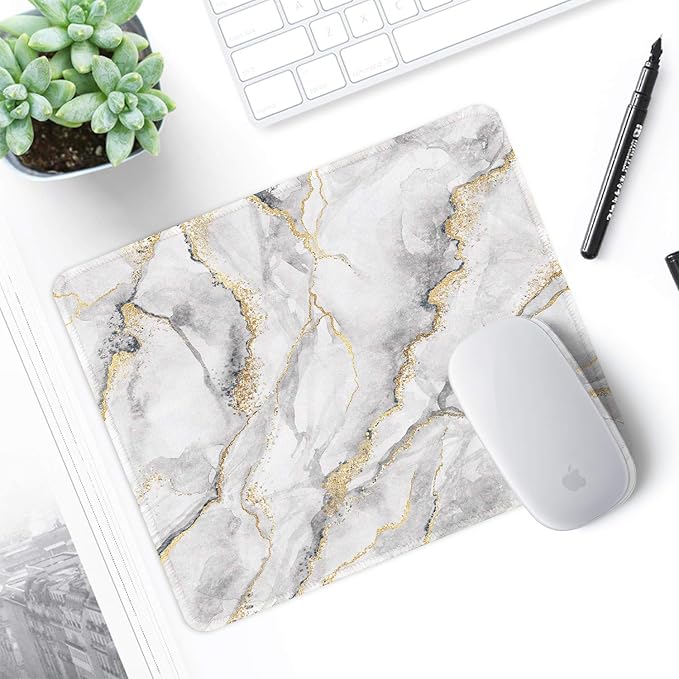 ITNRSIIET Mouse Pad with Stitched Edge Premium Textured Smooth Precise Operation Waterproof Washable Non-Slip Rubber Base Desktop Protection Mat, 10.2×8.3×0.12 inches, Gray Marbling