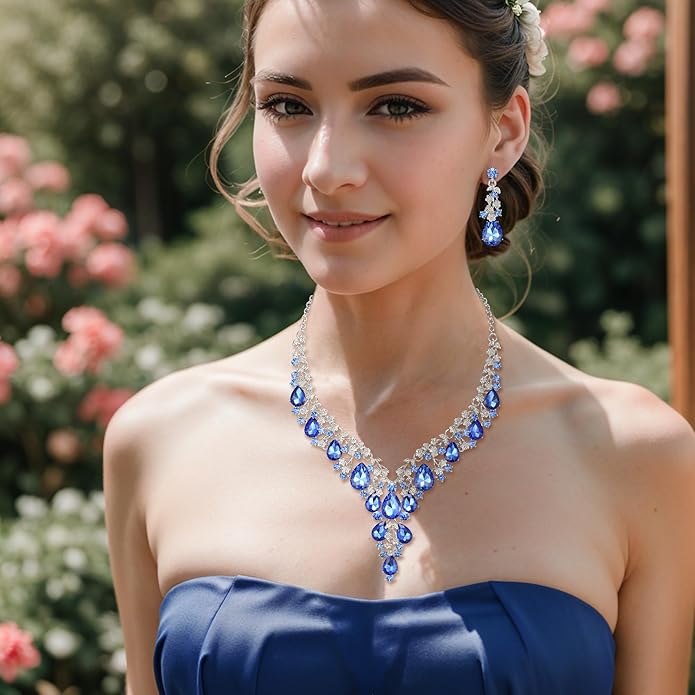 BriLove Women's Wedding Bridal Austrian Crystal Teardrop Flower Cluster Statement Necklace Dangle Earrings Jewelry Set for Party Prom