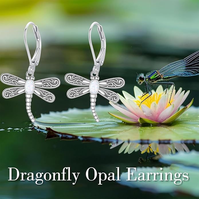 ONEFINITY Dragonfly Earrings 925 Sterling Silver Moonstone Leverback Dragonfly Dangle Drop Earrings Women Jewelry Gifts