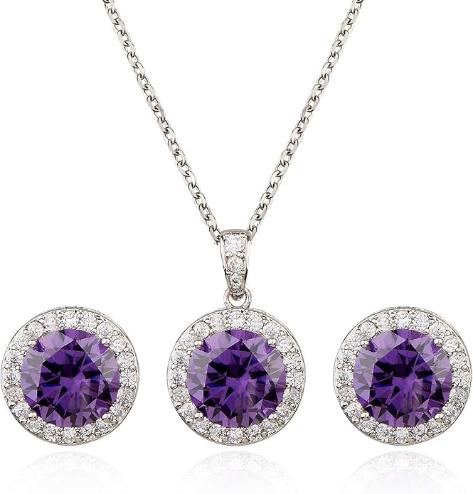 Bridal Crystal Jewelry Set - Sterling Silver Round Cubic Zirconia CZ Rhinestone Halo Birthstone Pendant Necklace Stud Earrings Set for Wedding Bride Bridesmaids Birthday Gift